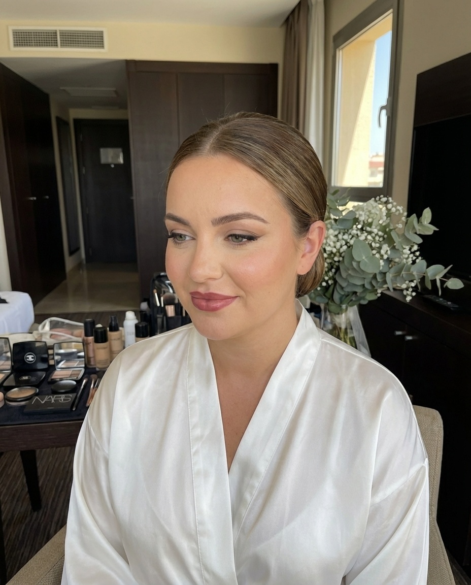Maquillaje natural y elegante con delineado suave y labios nude rosado en Benalmádena - Maquillaje para novias y peluquería nupcial - Verónica López Wallis