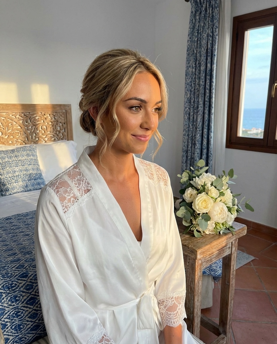 Maquillaje nupcial natural y luminoso con recogido elegante en Fuengirola - Maquillaje de novias y estilista profesional Costa del Sol - Verónica López Wallis