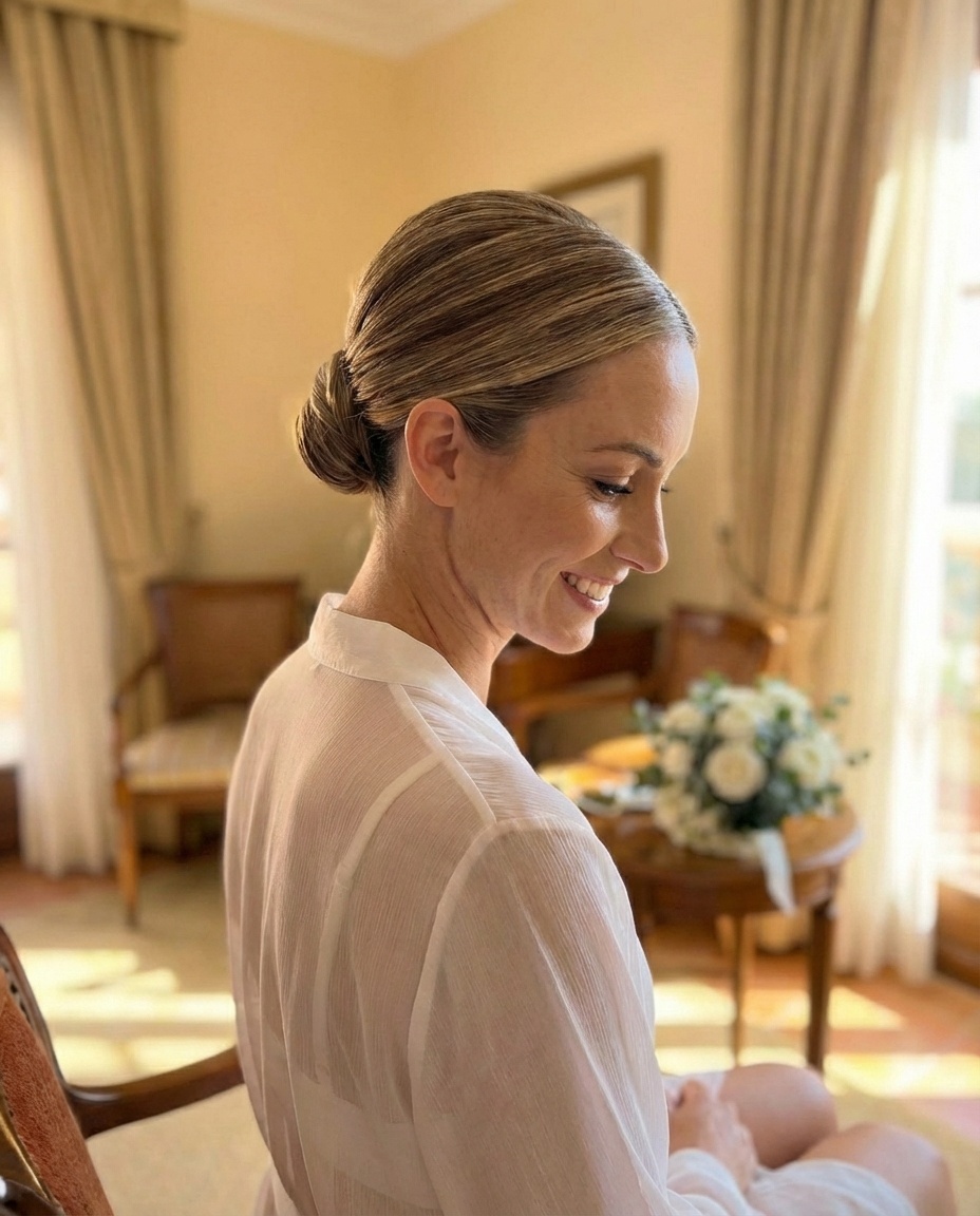 Recogido clásico castaña para novia en Benalmádena - Peinado para novias y estilismo de boda - Verónica López Wallis