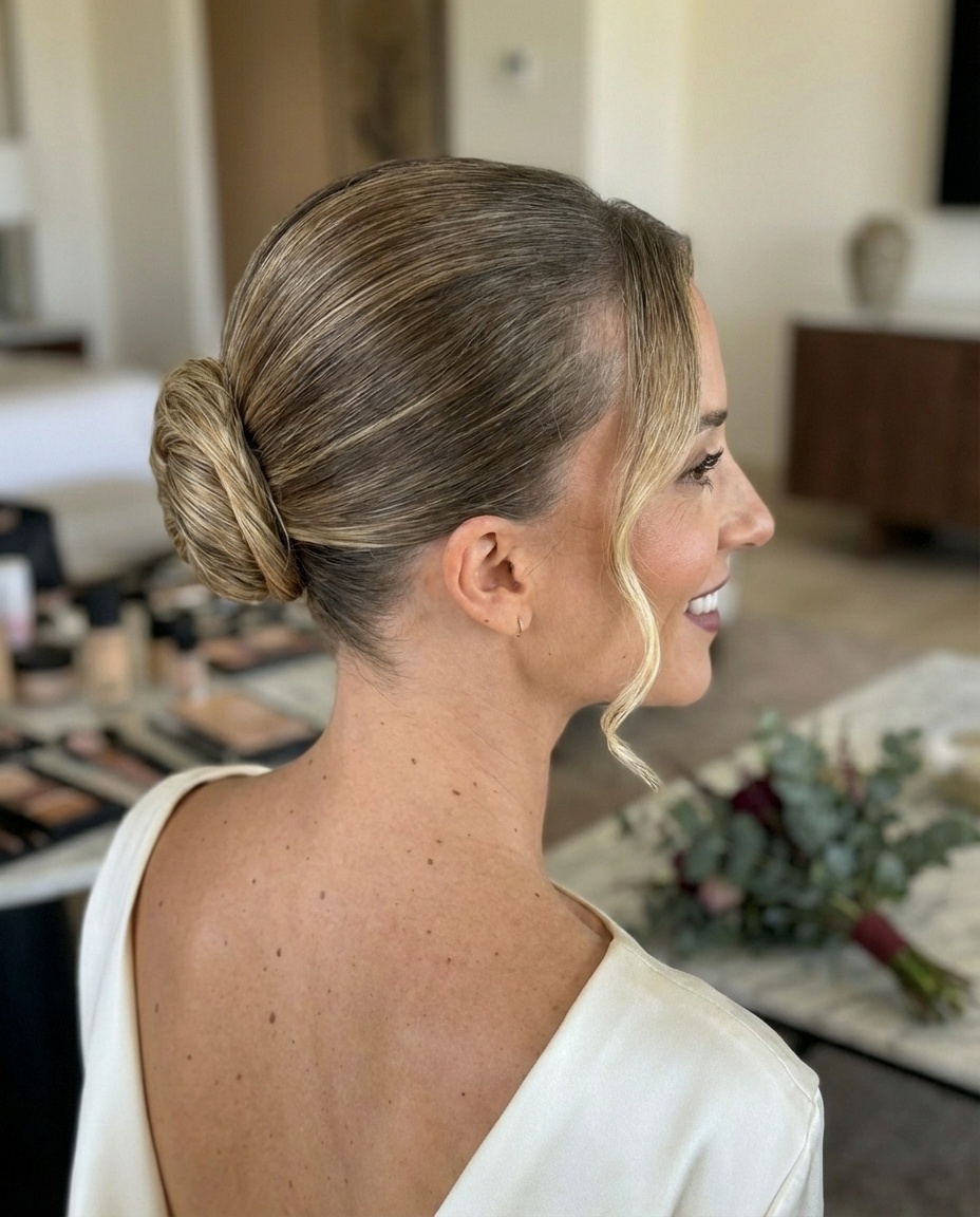 Recogido clásico clean look para novia en Málaga - Peluquería nupcial y estilismo de boda profesional - Verónica López Wallis